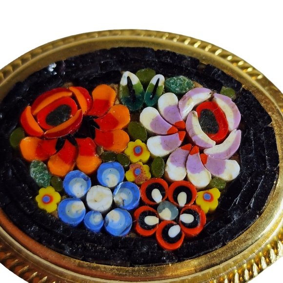 Vintage Italy Micro Mosaic Millefiori 4 Flowers Red Pietra Dura Brooch Pin Oval - Picture 5 of 11